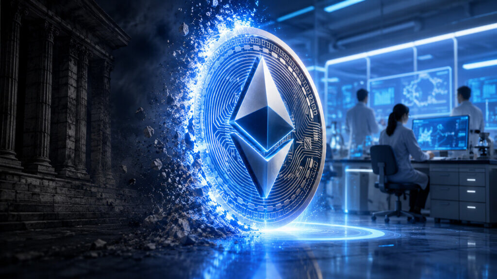 Ethereum Foundation symbol with Ethereum logo in a futuristic digital network background