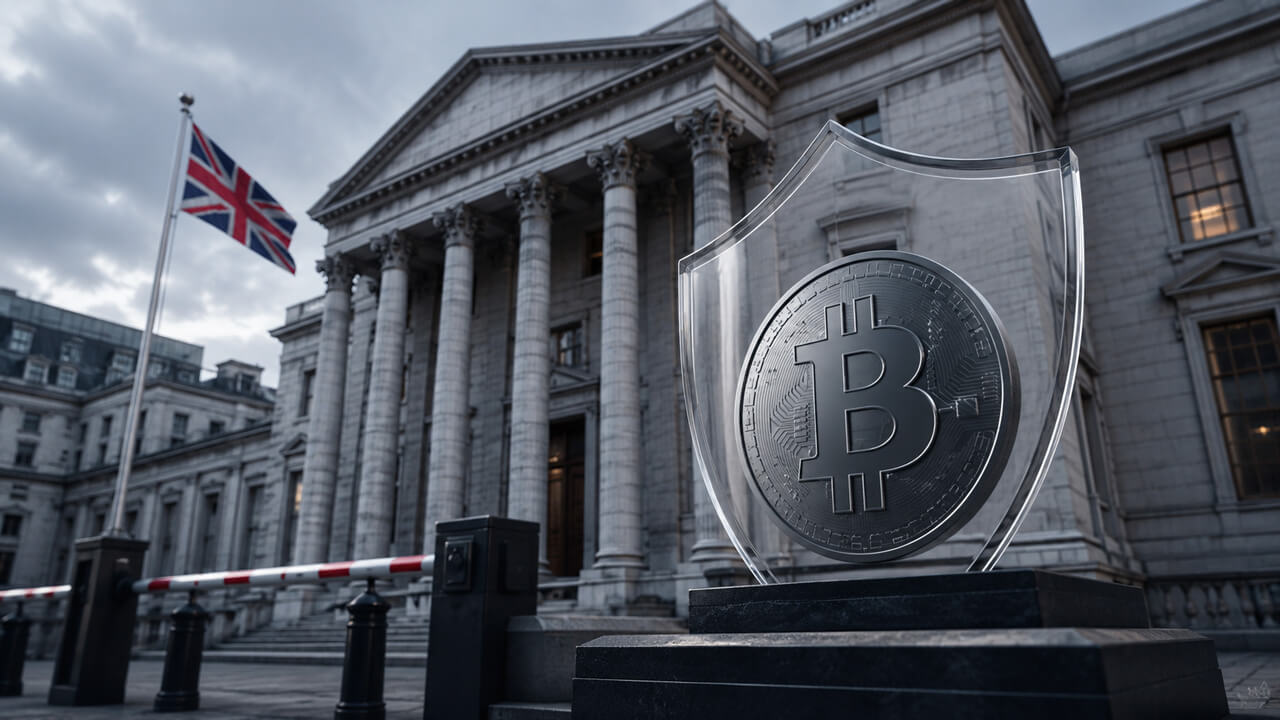 **Alt text:** Bitcoin shield displayed outside the Bank of England, representing UK FCA crypto registration requirements, anti-money laundering compliance, Travel Rule obligations and the transition to the broader FSMA crypto regime in 2027.