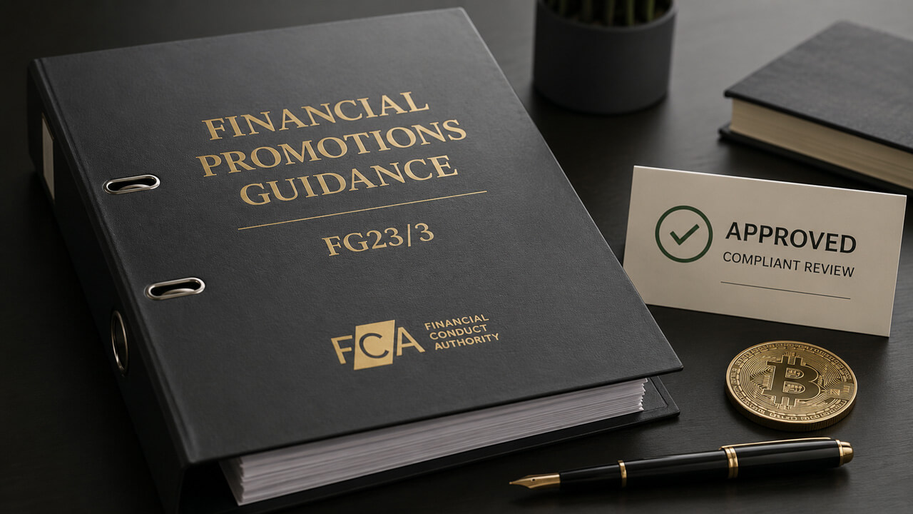 FCA Financial Promotions Guidance FG23/3 with compliance approval review and Bitcoin coin, representing fair, clear and not misleading UK cryptoasset promotions, due diligence and risk disclosure requirements.