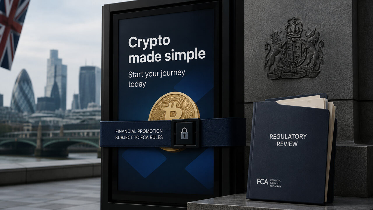 UK FCA crypto promotion rules illustrated by a reviewed crypto advertisement, highlighting risk warnings, cooling-off periods, appropriateness checks and lawful financial promotion requirements.