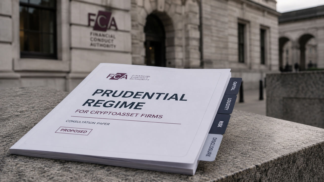 **Alt text:** FCA prudential regime consultation for UK cryptoasset firms outside FCA headquarters, highlighting proposed capital, liquidity, risk management and disclosure requirements ahead of expected 2027 implementation.