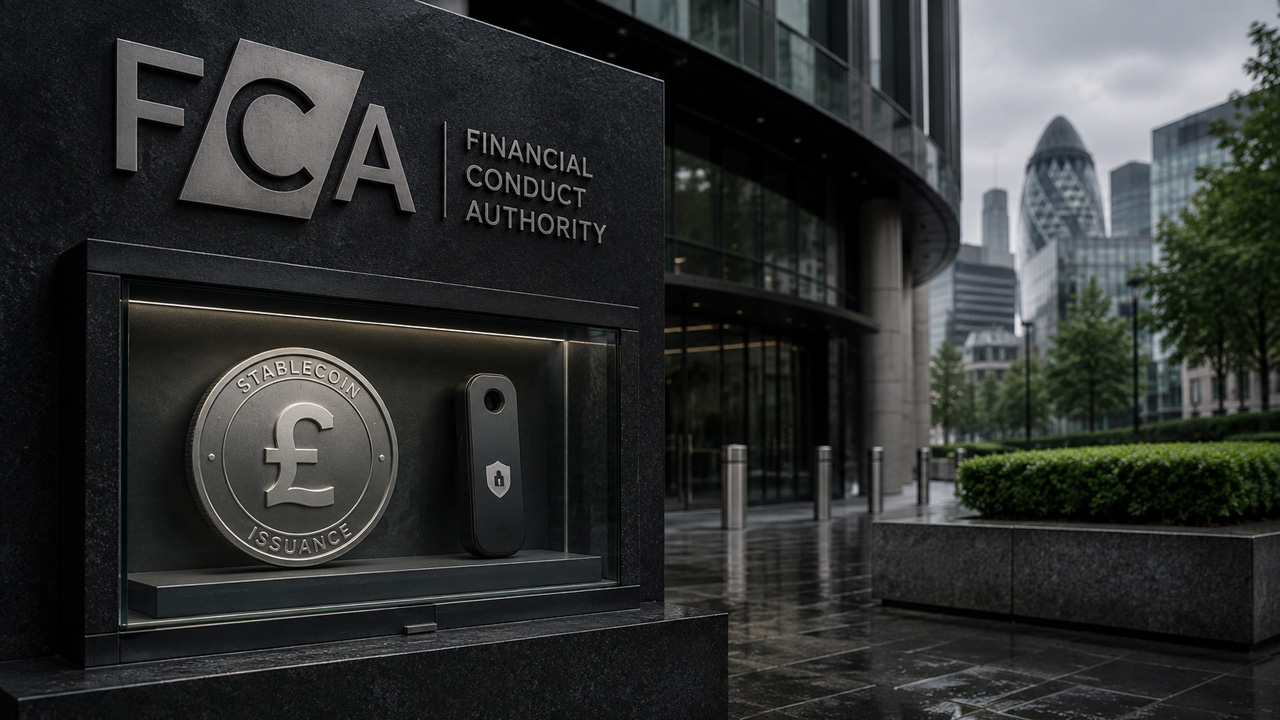 **Alt text:** FCA stablecoin and crypto custody proposal display outside Financial Conduct Authority headquarters, representing UK rules on stablecoin backing, redemption rights, safeguarding requirements and planned 2027 implementation.