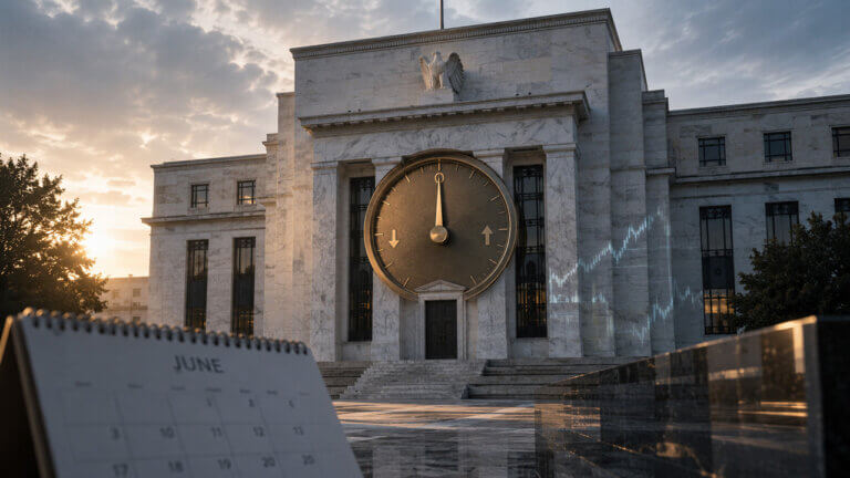 Federal Reserve building with a giant clock at midnight and a June calendar, symbolizing anticipation around an upcoming Fed interest-rate decision.
