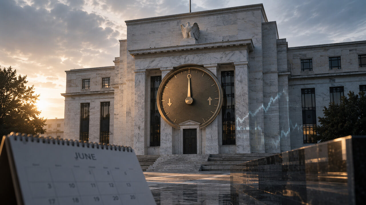 Federal Reserve building with a giant clock at midnight and a June calendar, symbolizing anticipation around an upcoming Fed interest-rate decision.