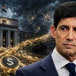 Kevin Warsh with the Federal Reserve and global dollar payment flows, illustrating concerns that stablecoins could strengthen U.S. dollar dominance and reshape international financial markets.