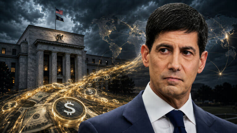 Kevin Warsh with the Federal Reserve and global dollar payment flows, illustrating concerns that stablecoins could strengthen U.S. dollar dominance and reshape international financial markets.