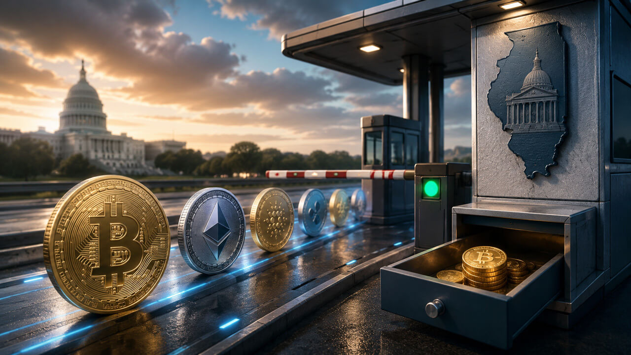 Illustration of a Bitcoin coin beside tax documents with a city skyline and falling crypto price chart in the background.