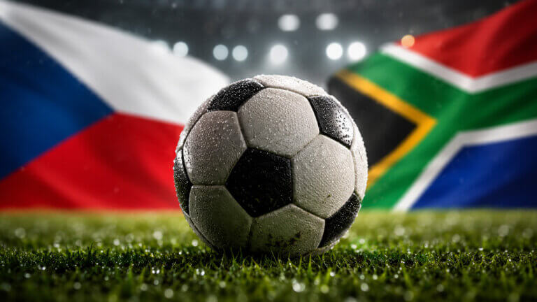 Soccer ball on wet grass between Czechia and South Africa flags, representing World Cup 2026 prediction market odds, match probabilities, volume, liquidity and tournament signals.
