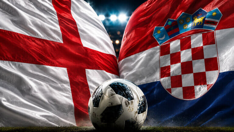England and Croatia flags split diagonally, representing a FIFA World Cup prediction market matchup between England and Croatia.