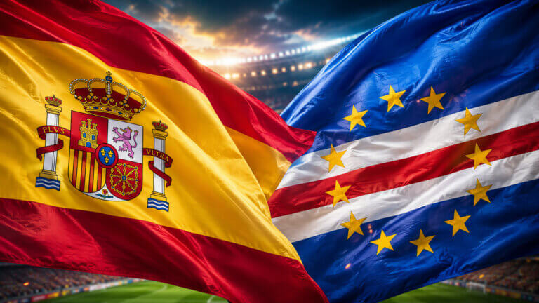 Spain and Cape Verde flags facing off above a football stadium, symbolizing World Cup 2026 match prediction markets tracking win probabilities, betting sentiment and tournament expectations.