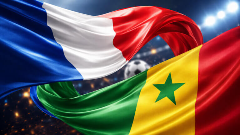 France and Senegal national flags intertwined above a soccer stadium, symbolizing the France vs Senegal football match.