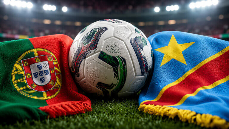 Portugal and DR Congo flags split diagonally, representing a FIFA World Cup prediction market matchup between Portugal and DR Congo.
