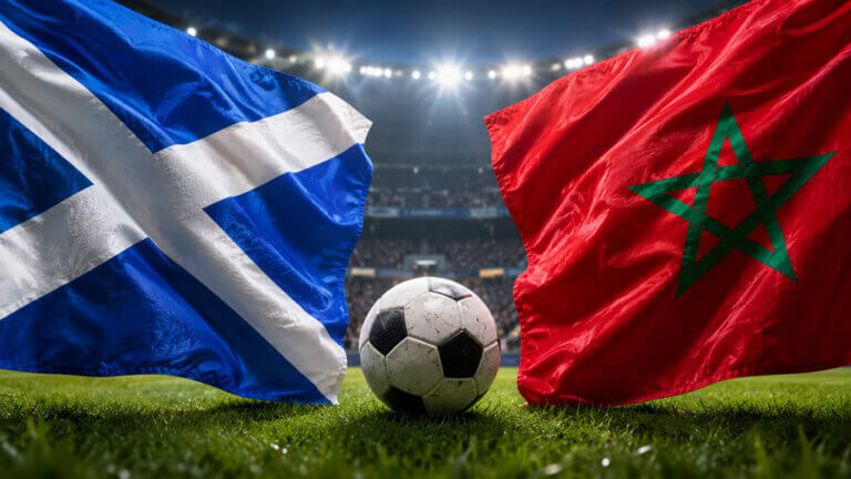 Soccer ball between Scotland and Morocco flags in a stadium setting, representing World Cup 2026 prediction market odds, match outcome probabilities, trading volume, liquidity and tournament signals.