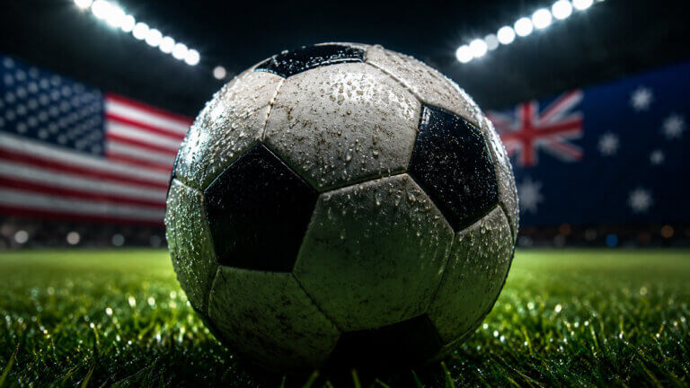 Soccer ball on a floodlit pitch between United States and Australia flags, representing World Cup 2026 prediction market odds, match outcome probabilities, trading volume, liquidity and tournament signals.