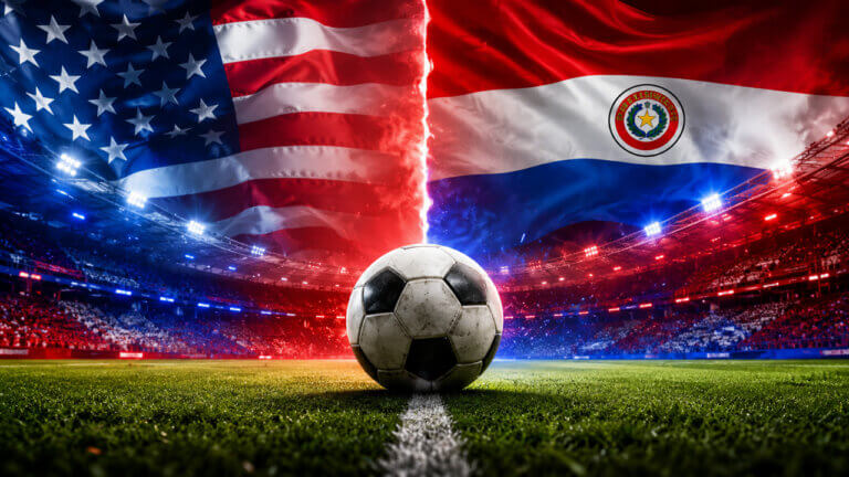 United States and Paraguay flags face off above a soccer ball in a packed stadium, representing a FIFA World Cup prediction market matchup.