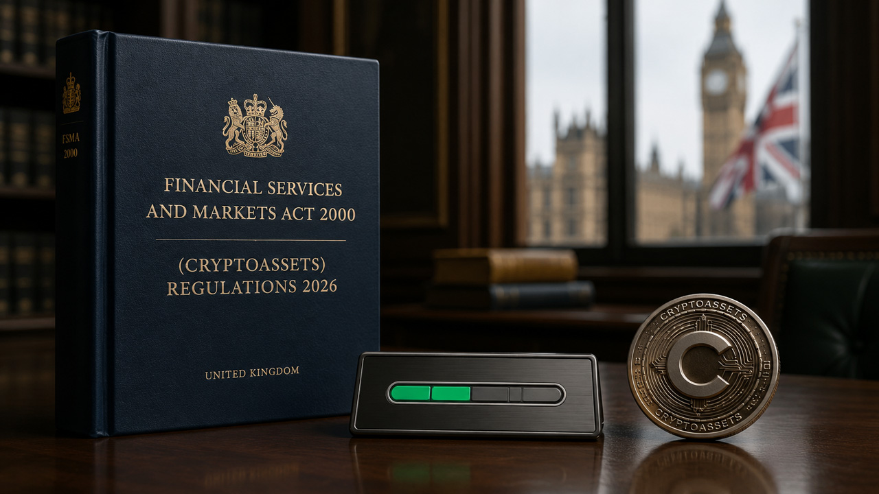 UK Financial Services and Markets Act cryptoasset regulations document with FCA oversight indicators, representing S.I. 2023/612 bringing qualifying crypto promotions into the FSMA regime and the 2027 transition.
