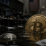 Flooded Bitcoin vault with underwater safes symbolizing Strategy's underwater Bitcoin position