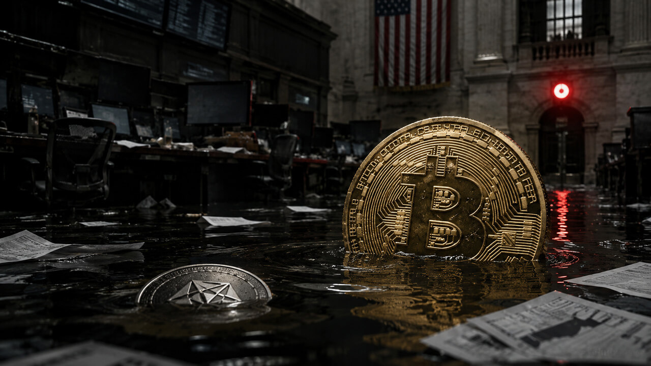 Flooded Bitcoin vault with underwater safes symbolizing Strategy's underwater Bitcoin position