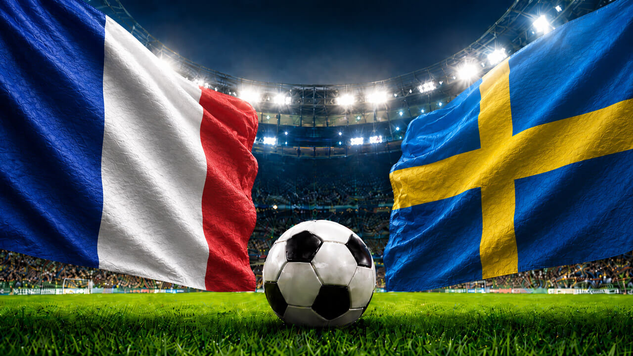 France and Sweden flags face off above a soccer ball in a packed stadium, representing a FIFA World Cup prediction market matchup.