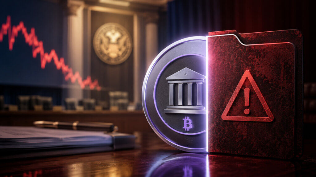 Kraken’s Federal Reserve account dispute illustrated by a crypto-focused banking emblem, regulatory warning file, and courtroom backdrop, highlighting the battle over direct access to U.S. payment infrastructure for crypto firms.