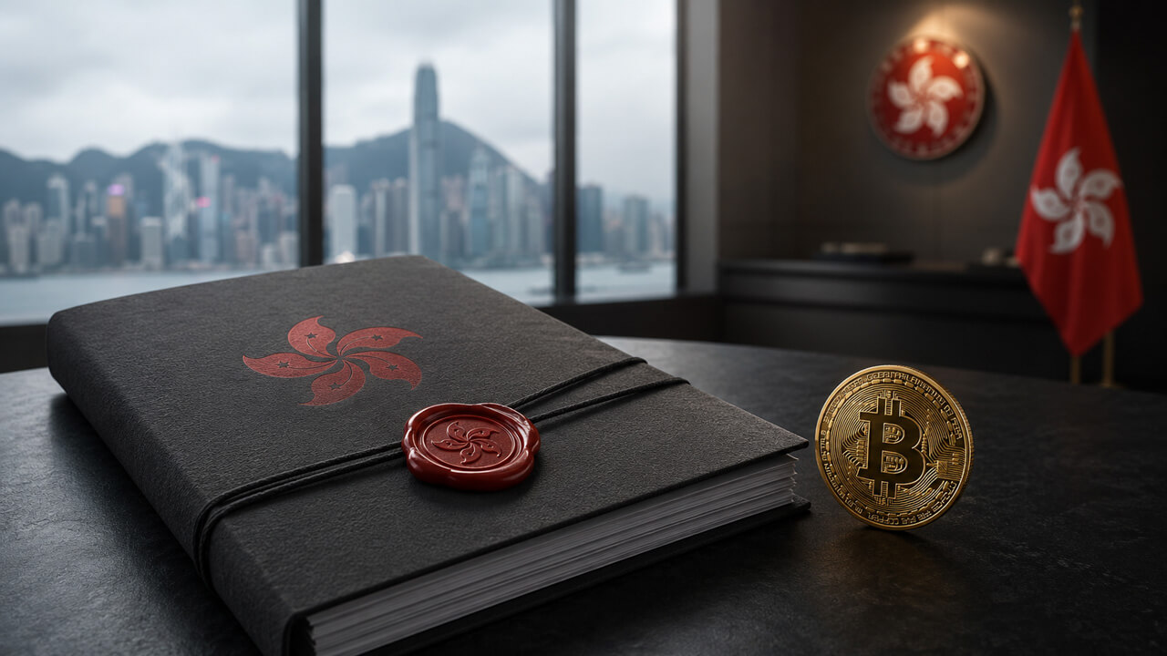 Hong Kong AML and licensing framework document beside a Bitcoin coin and government offices, representing Cap. 615 rules on customer due diligence, recordkeeping and SFC licensing for virtual asset exchange operators.