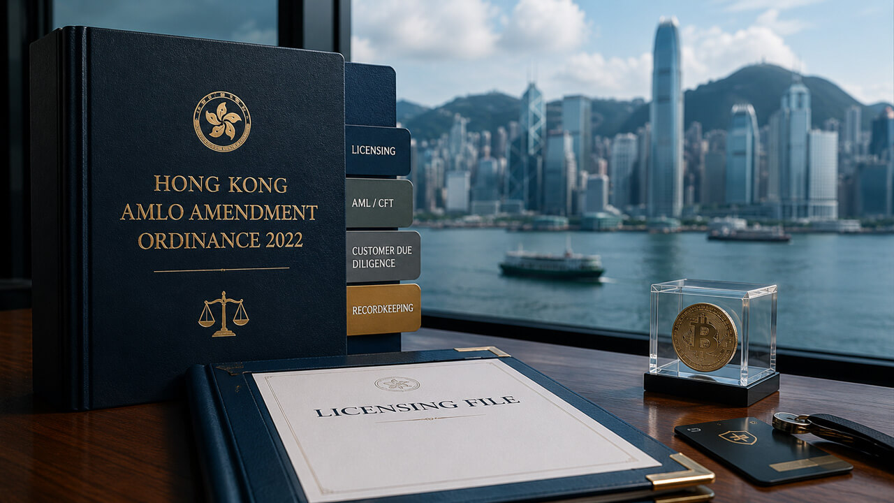 Hong Kong AMLO amendment ordinance with licensing and AML compliance documents beside a Bitcoin token, representing SFC licensing for virtual asset exchanges and DPMS registration under Hong Kong AML/CFT rules.