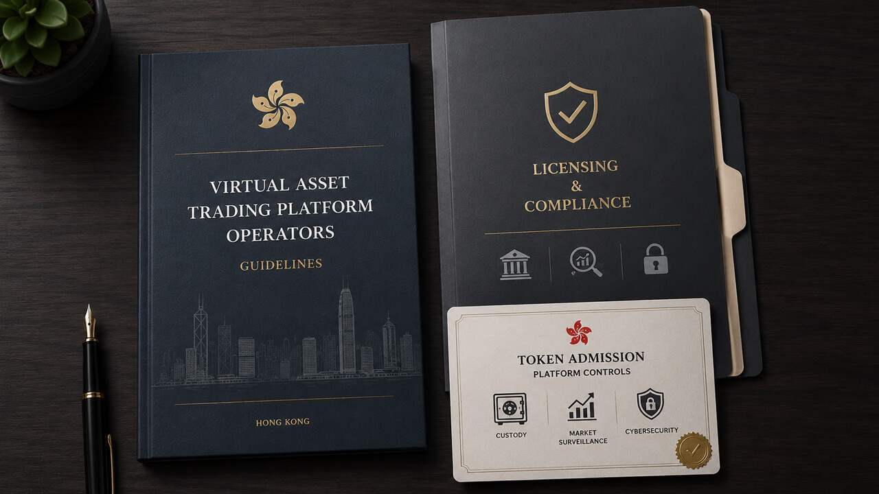 Hong Kong SFC VATP Guidelines with licensing, token admission and compliance documents, representing custody, market surveillance, cybersecurity and conduct standards for licensed virtual asset trading platforms.