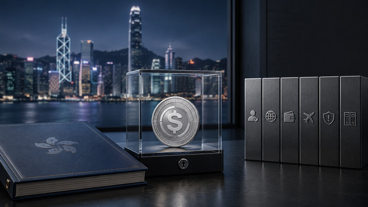 Hong Kong stablecoin issuer compliance profile with secured token, regulatory files and skyline, representing HKMA AML/CFT guidance on CDD, wallet controls, Travel Rule obligations and official sources.