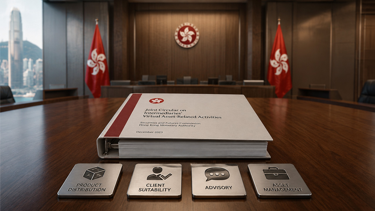 Hong Kong SFC and HKMA joint guidance on virtual asset activities, covering dealing, advisory, distribution, client suitability and asset management requirements for regulated intermediaries.