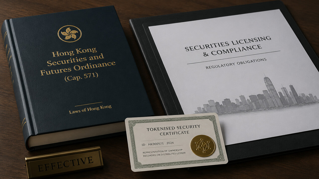 Hong Kong Securities and Futures Ordinance documents with a tokenized security certificate and compliance materials, representing the legal framework governing security tokens, tokenized securities and SFC-regulated crypto intermediaries.