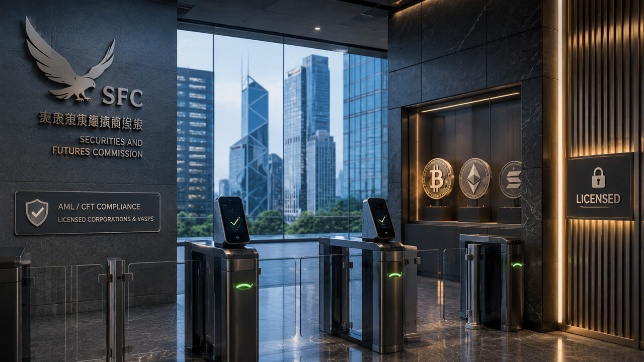Hong Kong SFC office with AML/CFT compliance controls and licensed virtual asset access, representing AML, Travel Rule and regulatory requirements for SFC-licensed corporations and virtual asset service providers.