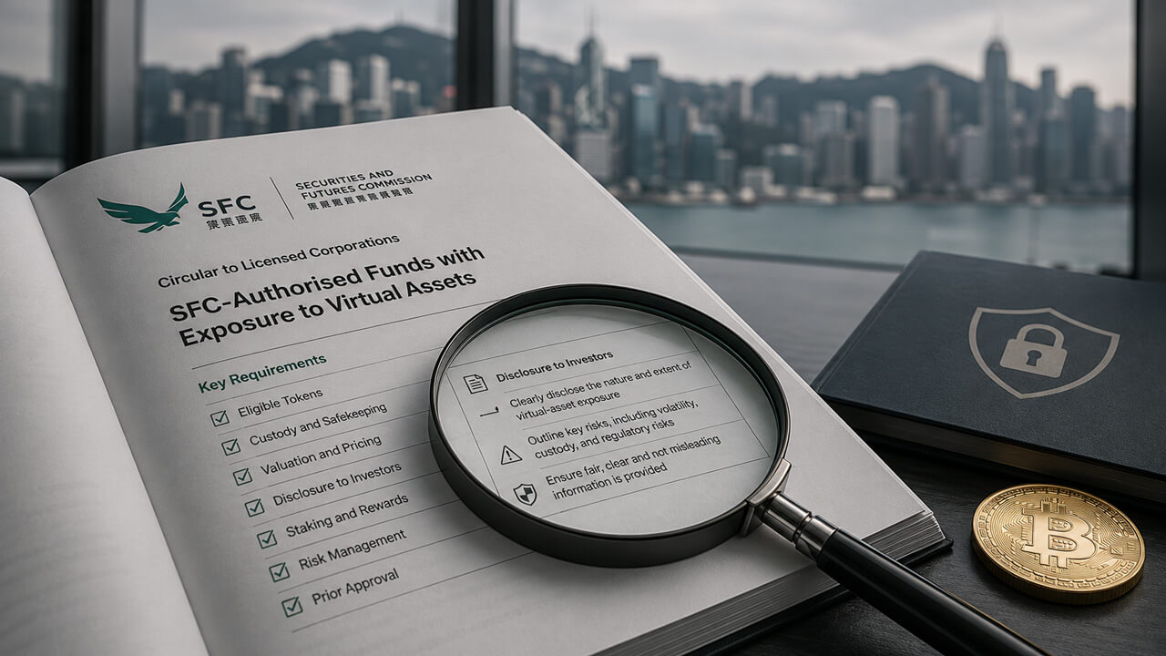 Hong Kong SFC guidance on authorised funds with significant virtual asset exposure, highlighting custody, disclosure, valuation, staking and risk management requirements for regulated investment products.
