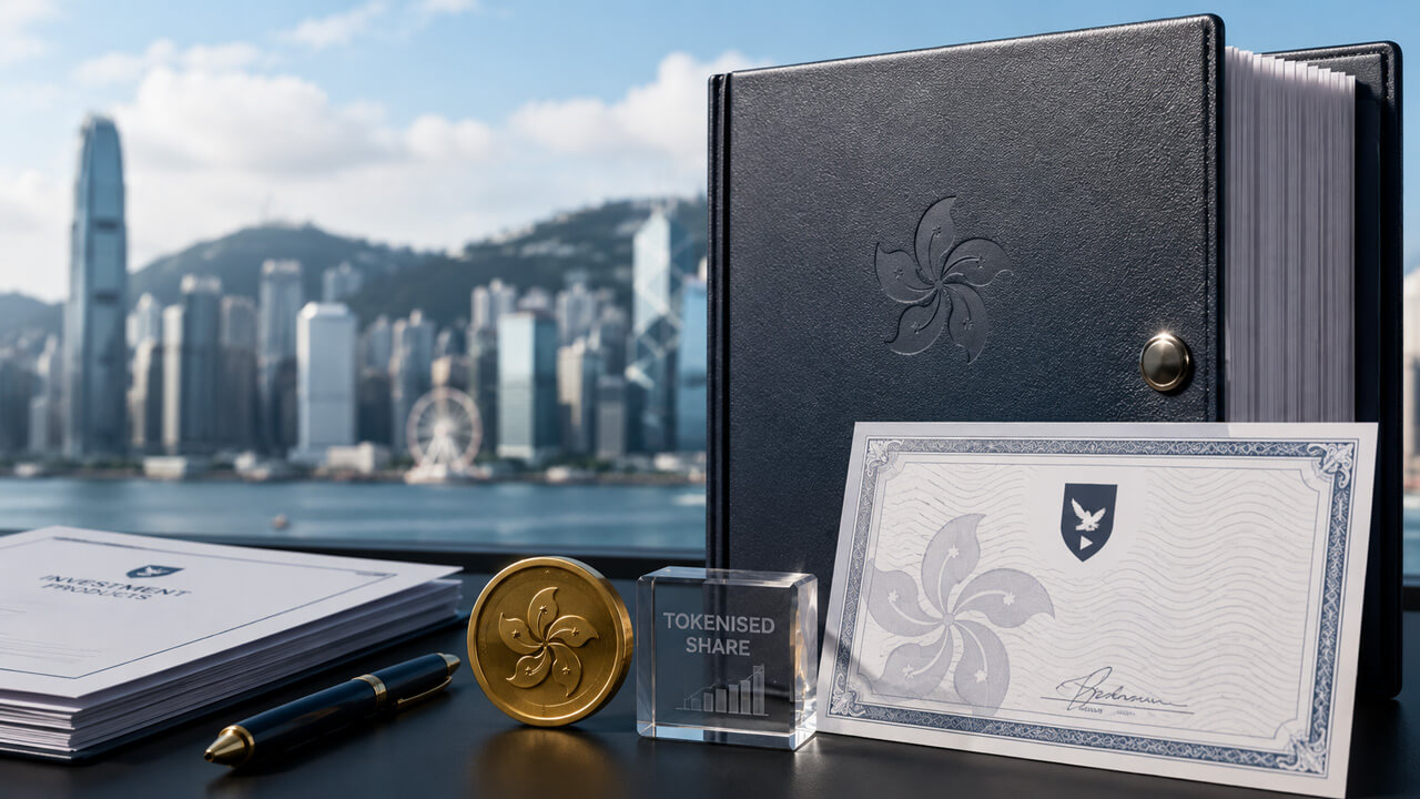 Hong Kong tokenized investment product documents and tokenized share certificate beside the city skyline, representing SFC guidance on tokenising authorised funds, disclosure requirements, intermediary obligations and regulatory approvals.