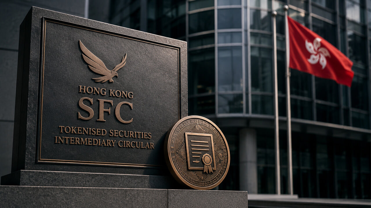Hong Kong SFC tokenized securities guidance displayed outside a financial regulator’s office, representing securities rules, DLT risk controls, custody standards and disclosure requirements for intermediaries handling tokenized assets.