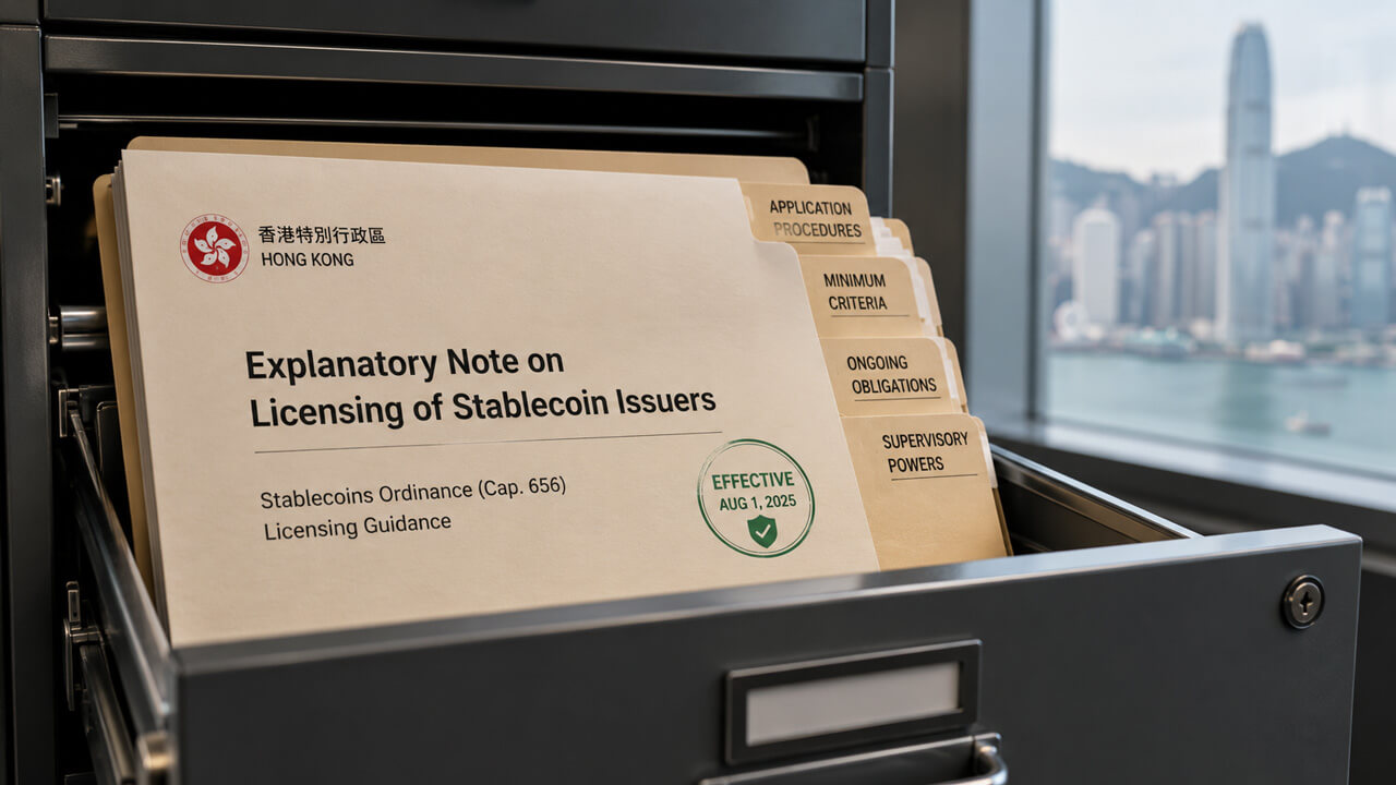 Hong Kong stablecoin issuer licensing guidance file outlining application procedures, minimum criteria, supervisory powers and ongoing obligations under the Stablecoins Ordinance (Cap. 656) effective Aug. 1, 2025.