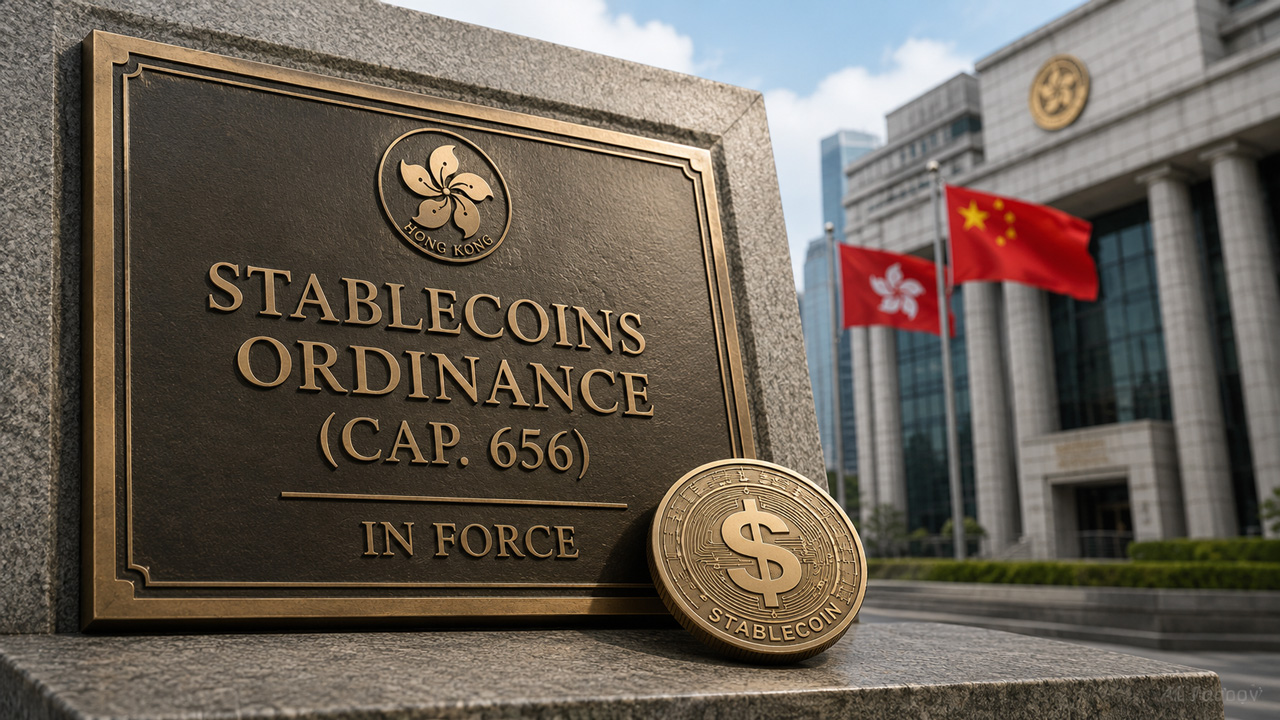 Hong Kong Stablecoins Ordinance plaque beside a fiat-backed stablecoin token and government offices, representing the HKMA licensing regime for fiat-referenced stablecoin issuers effective Aug. 1, 2025.