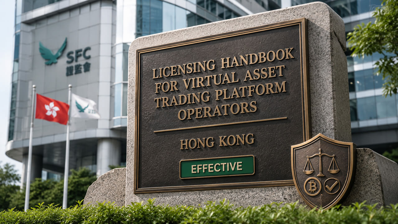 Hong Kong SFC licensing handbook plaque outside the regulator’s office, representing VATP licensing guidance under the SFO and AMLO, including applications, approval criteria, notifications and post-licence duties.