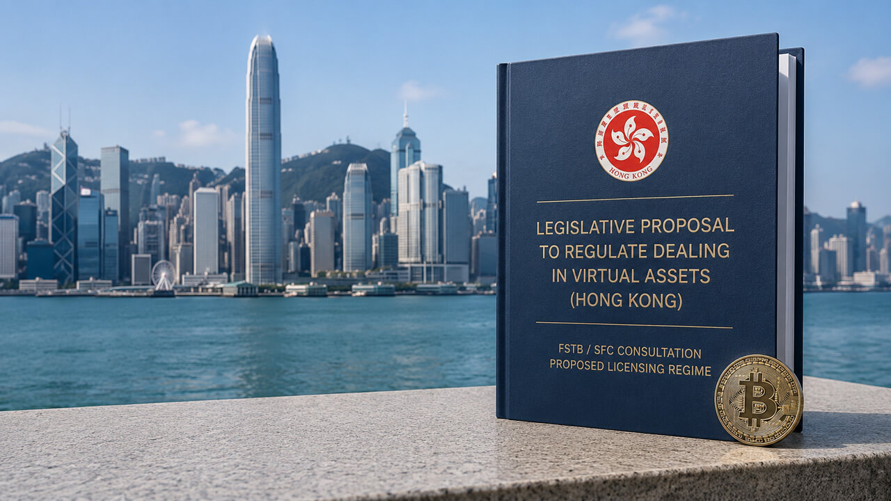 Hong Kong virtual asset licensing proposal document beside a Bitcoin coin and skyline, representing the FSTB and SFC plan to license or register virtual asset dealing under AMLO.