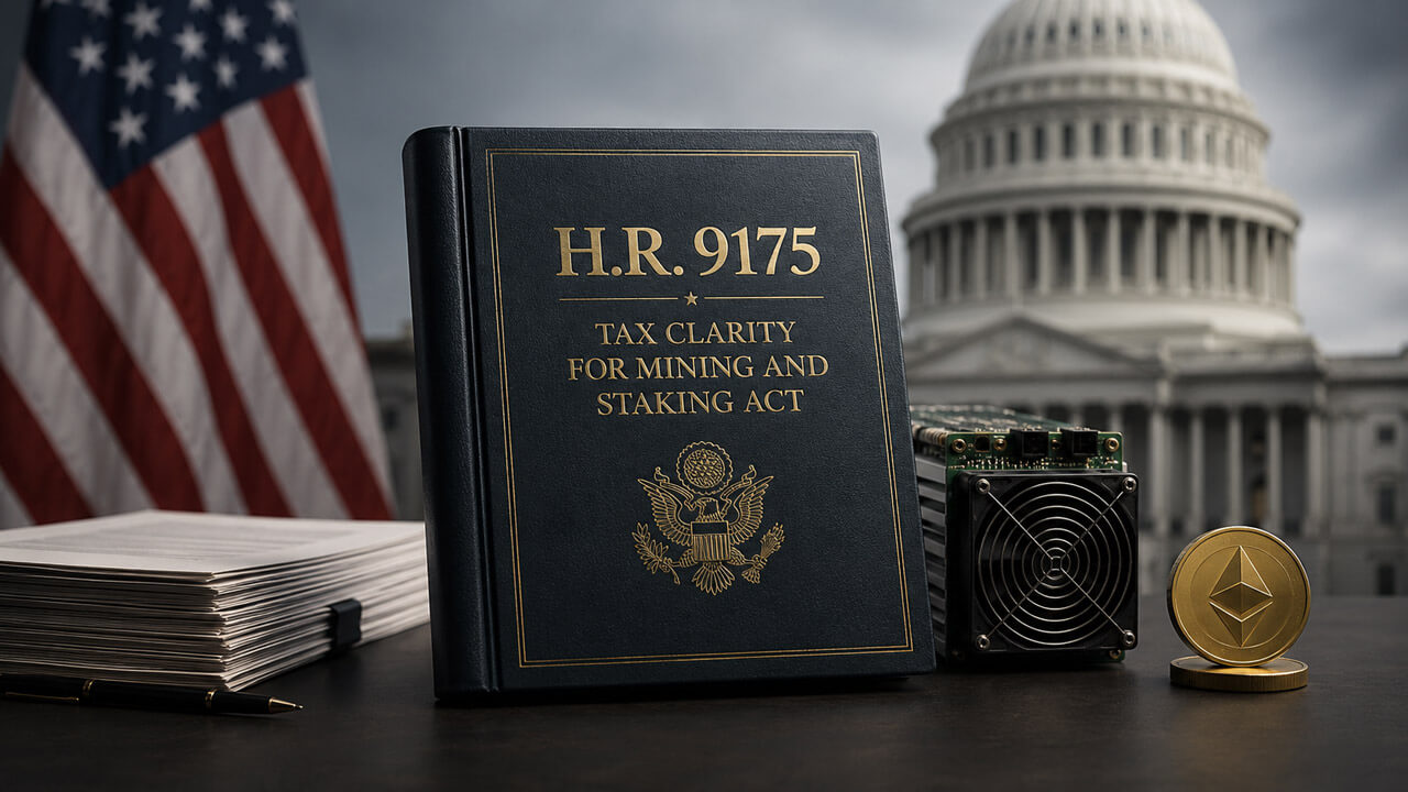 H.R. 9175, the Tax Clarity for Mining and Staking Act, displayed with cryptocurrency mining hardware and Ethereum, highlighting proposed U.S. tax reforms that would defer taxation on mining and staking rewards until they are sold or otherwise disposed of.