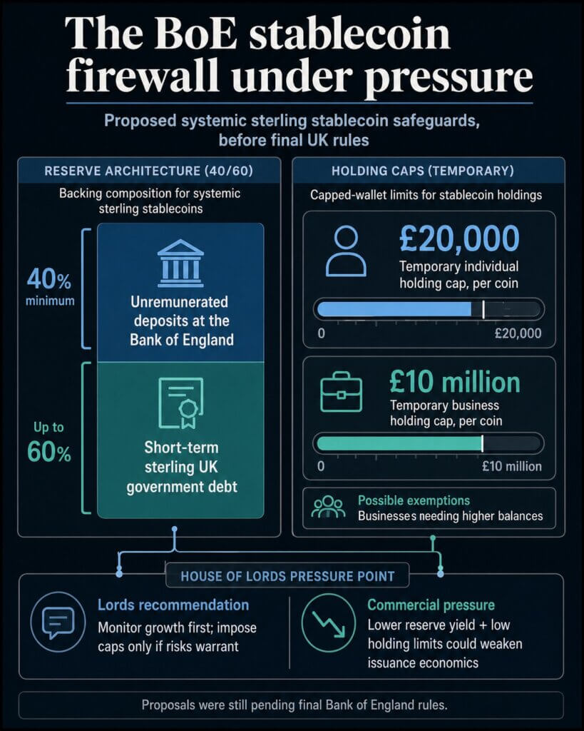 Infographic showing proposed Bank of England stablecoin reserve split, temporary holding caps, and House of Lords recommendations.