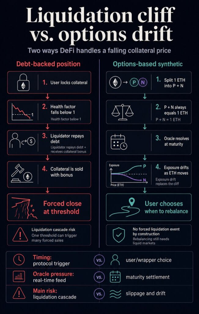 Timeline and risk map showing recent DeFi liquidation stress points and the forced-close risk chain