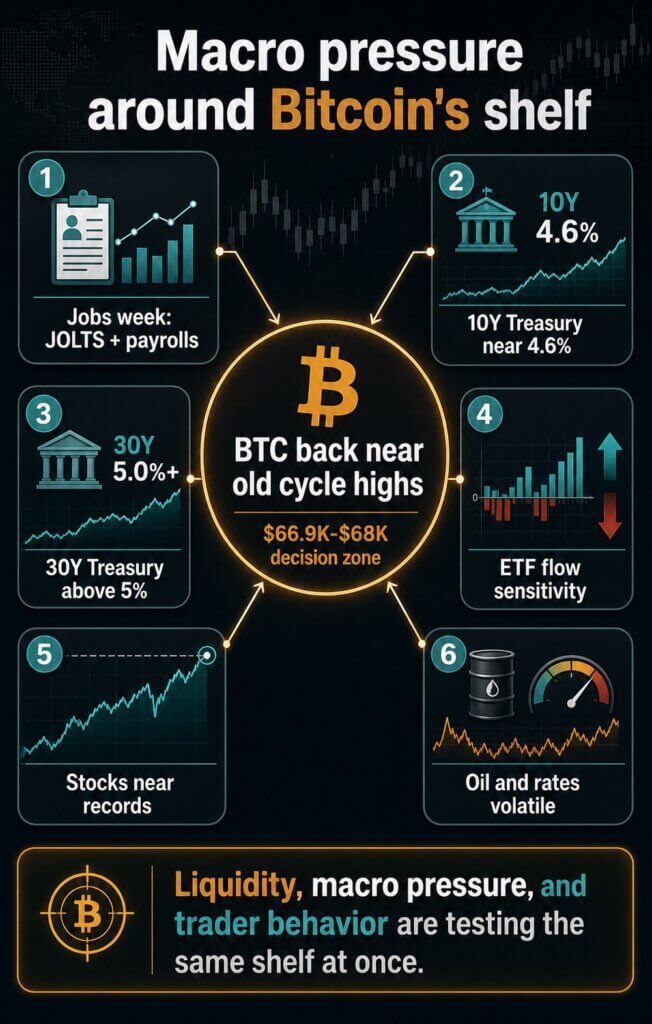 Infographic showing Bitcoin's $66,900 decision shelf, with $68,000 as the first repair line, $71,500 to $72,000 as the recovery ceiling, and $61,700 to $60,000 as lower support.