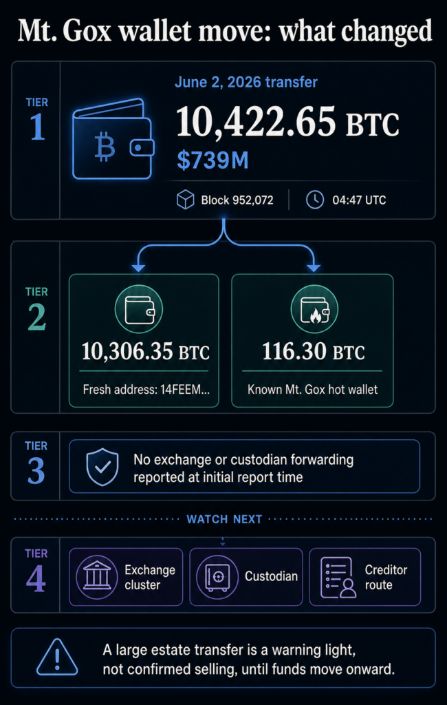 Infographic showing the June 2 Mt. Gox wallet transfer split and the unconfirmed onward-routing checkpoints.