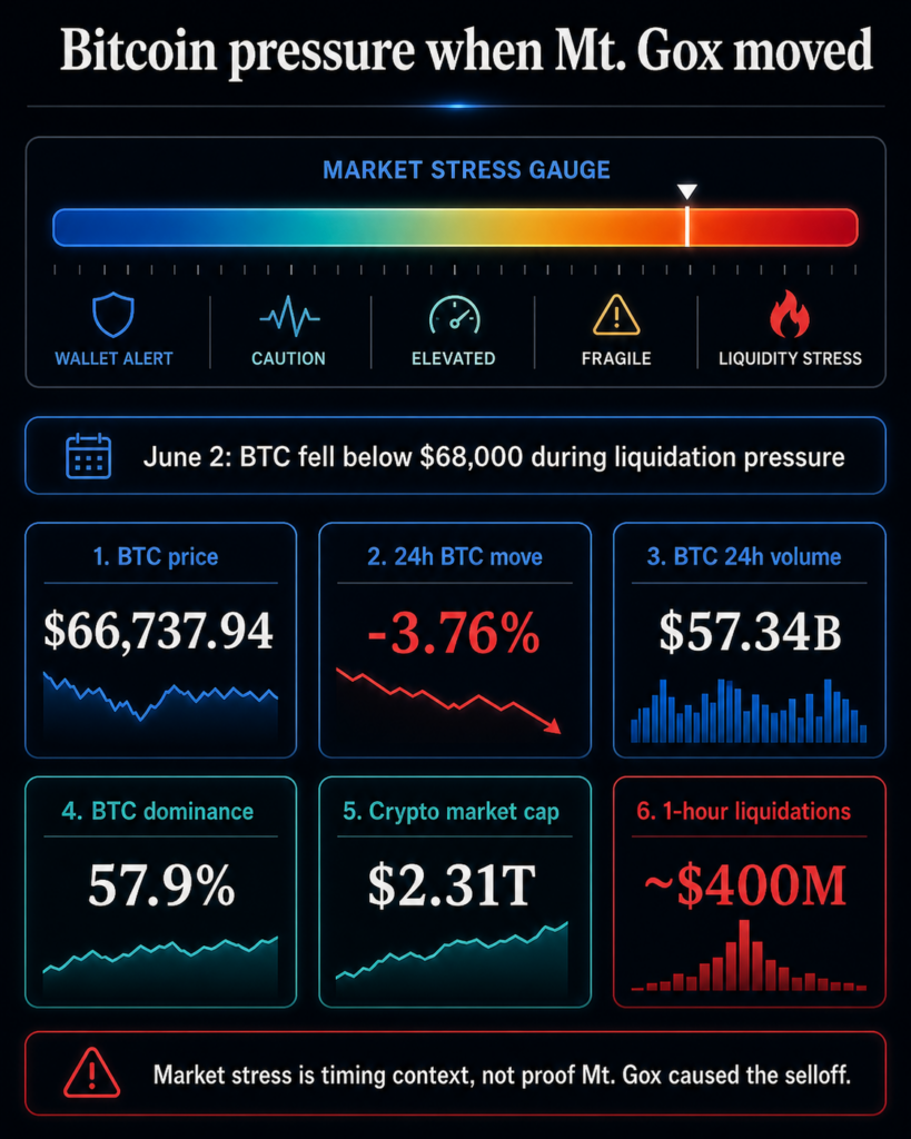 Infographic showing Bitcoin market pressure metrics while Mt. Gox wallet activity was in focus.