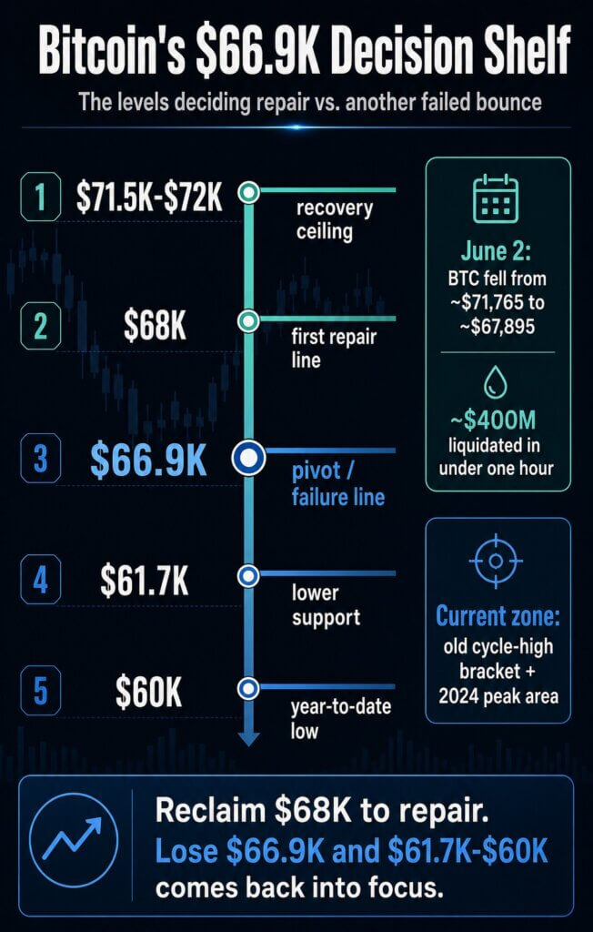 Infographic showing Bitcoin's $66,900 decision shelf, with $68,000 as the first repair line, $71,500 to $72,000 as the recovery ceiling, and $61,700 to $60,000 as lower support.