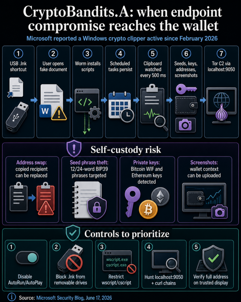 Infographic showing CryptoBandits.A moving from USB shortcut execution to clipboard monitoring, wallet-secret theft, Tor command-and-control, and recommended endpoint controls.