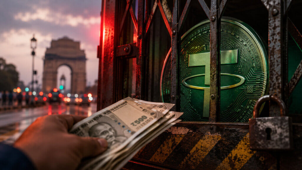 Illustration of USDT with Indian rupee symbols, highlighting the premium on Tether trading in India amid regulatory and liquidity constraints.