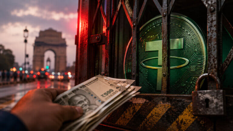 Illustration of USDT with Indian rupee symbols, highlighting the premium on Tether trading in India amid regulatory and liquidity constraints.