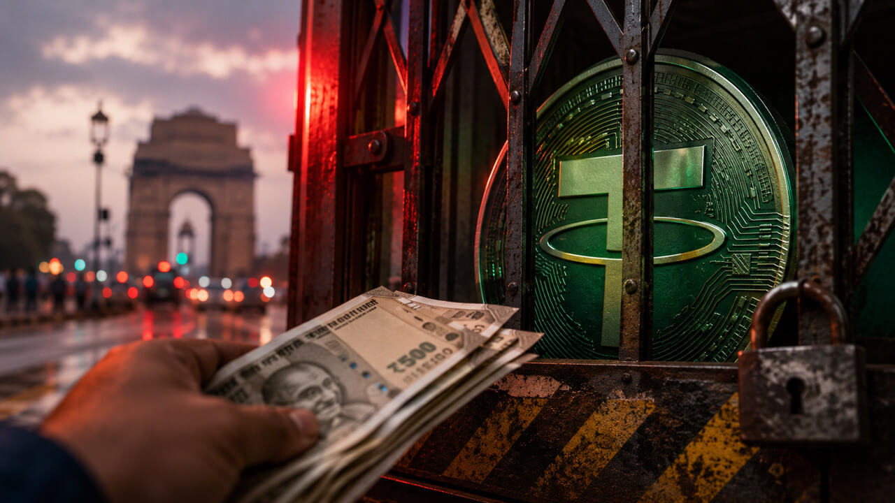 Illustration of USDT with Indian rupee symbols, highlighting the premium on Tether trading in India amid regulatory and liquidity constraints.