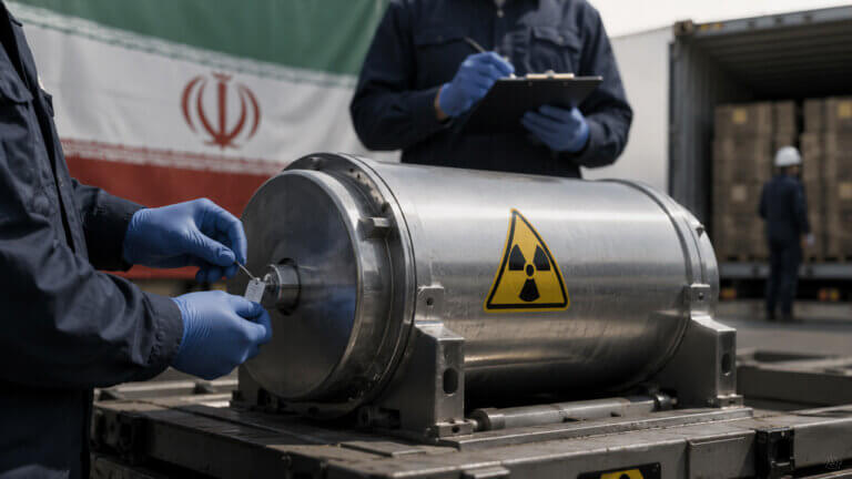 Inspectors securing a container marked with a nuclear hazard symbol in front of the Iranian flag, representing a prediction market on whether Iran will surrender its enriched uranium stockpile and when such an agreement could occur.